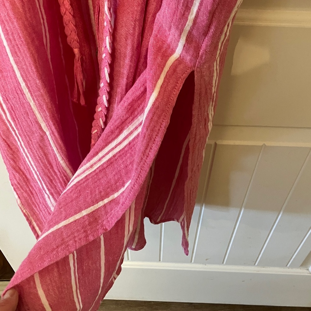 Pink white stripe cotton gauze midi maxi dress XS pockets removable belt - Picture 8 of 11